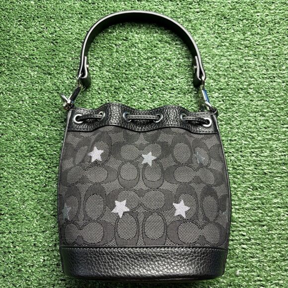 Coach Dempsey Drawstring Bucket Mini Bag SigJacquard Star Embroidery SMOKE BLACK - Picture 3 of 9